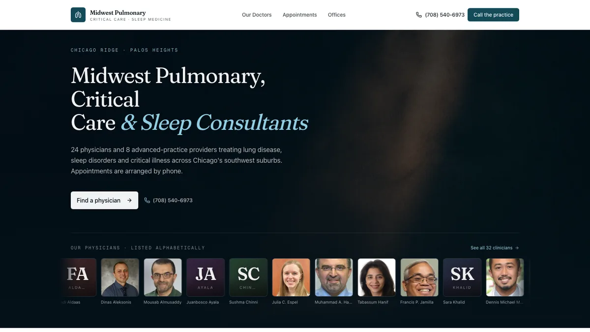 The Midwest Pulmonary, Critical Care and Sleep Consultants homepage, built by Safina Studio and live at midwestpulmonarysleep.com
