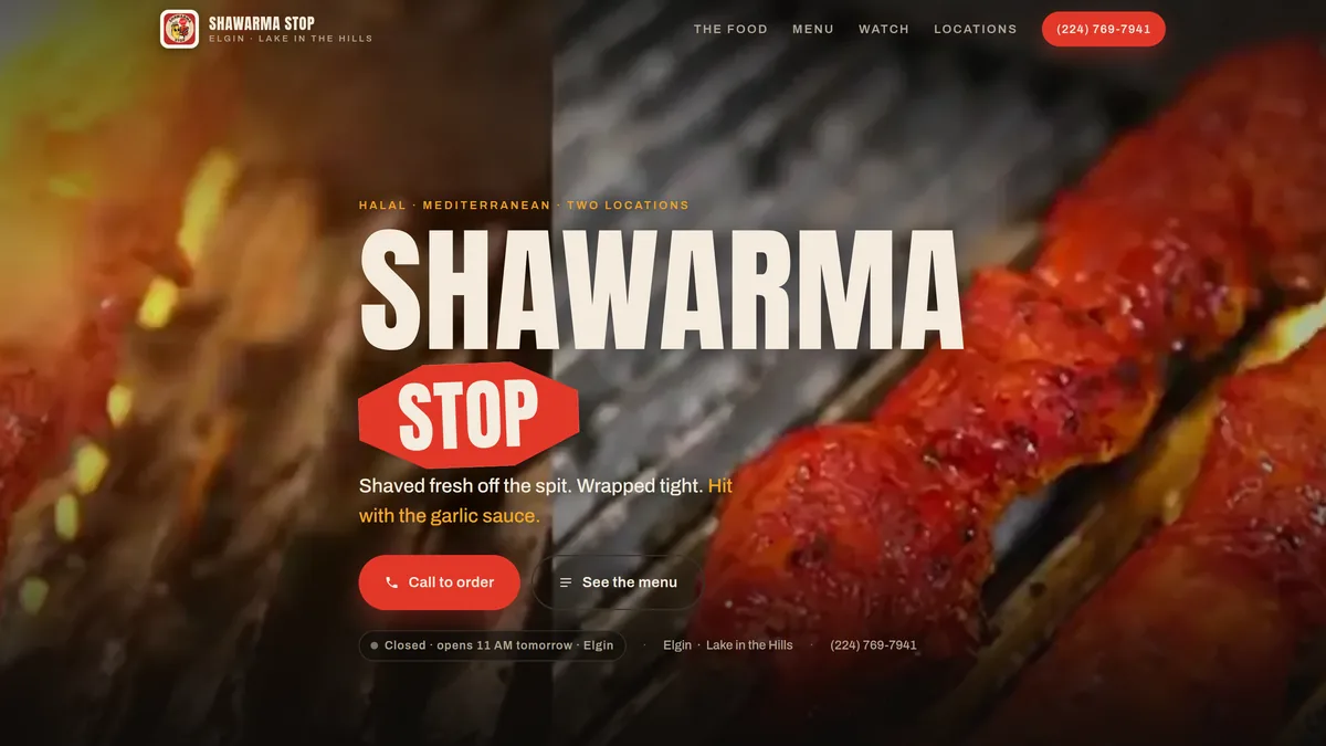 The Shawarma Stop homepage, built by Safina Studio and live at shawarmastopusa.com